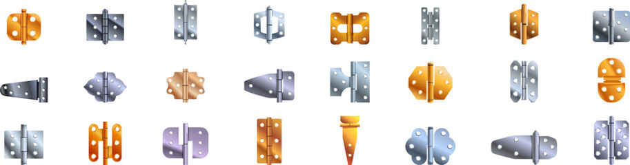 Door hinges icons set. Collection of metal hinges connecting parts of furniture, windows, doors, hatches, lids, folding screens, and other objects