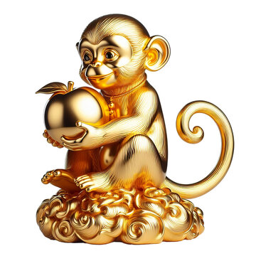 A gold chrome sculpture of a chinese monkey holding a peach sitting with its tail curled around its body isolated PNG