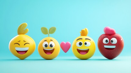 Four 3D emojis with a heart in between on a blue background.
