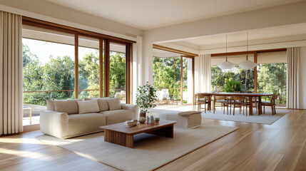 A spacious and modern living room featuring large windows that invite natural light and offer view of greenery. minimalist design includes comfortable sofa, wooden coffee table, and dining area, creat