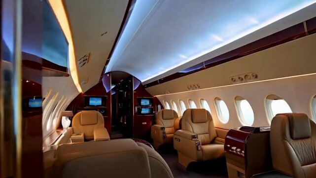 Interior of a Private Jet with Leather Seats and Entertainment Systems