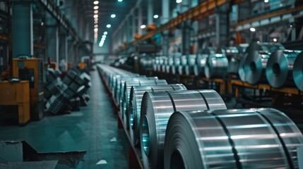 Fototapeta premium Rolls of polished steel line a vibrant factory floor, exhibiting the sleek precision of industrial manufacturing.