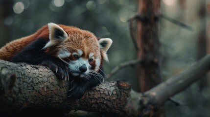 A red panda rests on a tree branch, surrounded by a verdant forest, embodying tranquility and cuteness in a natural habitat.