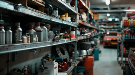 Fototapeta premium A cluttered workbench teeming with various tools and containers, depicting the busy environment of a mechanic's workshop.