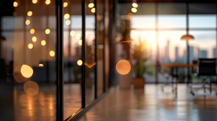 A modern office with blurred lights and reflections, overlooking a city skyline during sunset, creating a sleek and professional atmosphere.
