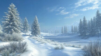 Obraz premium Snow covered landscape leading to mountains under blue sky