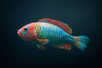 the beside view Palenose Parrotfish, left side view, white copy space on right, Isolated on dark Background
