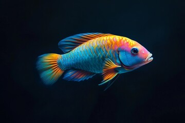 the beside view Princess Parrotfish, left side view, white copy space on right, Isolated on dark Background