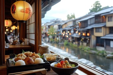Fototapeta premium Enjoying traditional japanese food with a view of kamo river in kyoto