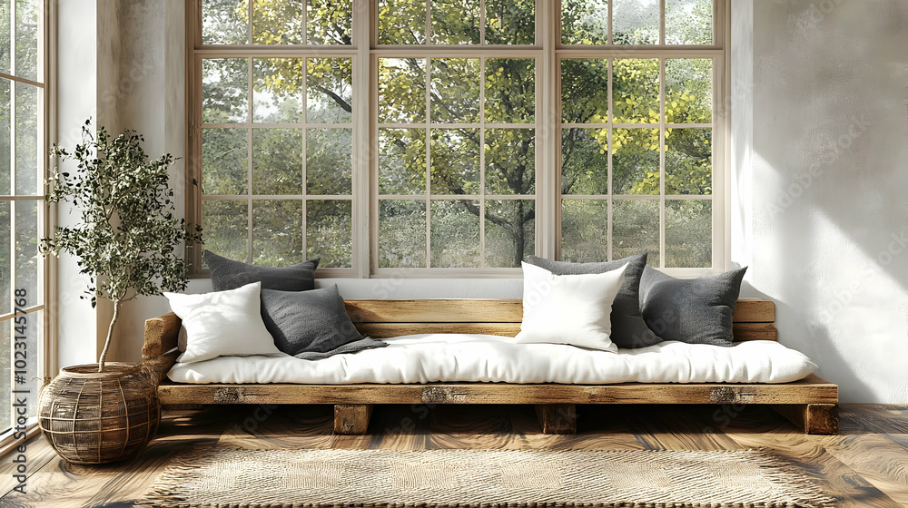 Sticker Cozy seating area with natural light and greenery outside.