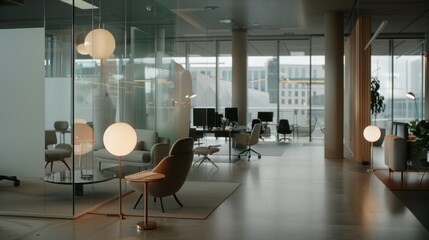 Sleek, modern office space with an open layout, featuring elegant furniture and warm lighting for a welcoming atmosphere.