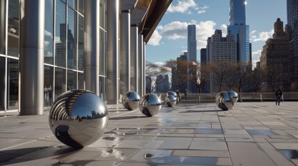 Shimmering silver spheres reflect urban skyscrapers, blending architecture with art on a sunlit...