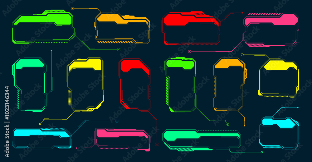 Poster futuristic hud or ui elements. sci-fi user interface text boxes, callouts. colorful warning message 