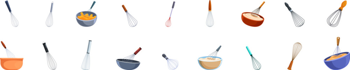 Baking whisk icons set. Collection of whisk icons in cartoon style, mixing tools for cooking and baking
