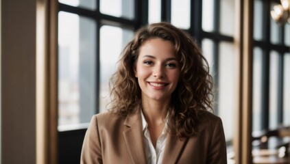 A middle-aged woman with wavy, shoulder-length brown hair, smiling warmly. She wears a light brown blazer over a white shirt, standing in a modern, well-lit office with large black-framed windows.