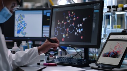 Researcher analyzes complex molecular structures with a tablet and monitor, highlighting scientific exploration in a modern lab.
