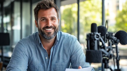 A bearded man in a blue shirt sits smiling at a microphone in a modern office, capturing a relaxed and engaging atmosphere perfect for professional discussions.
