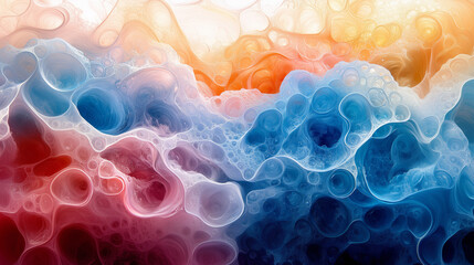 Obraz premium Abstract close-up of colorful translucent bubbles, flowing cell-like patterns in blue, red, and white