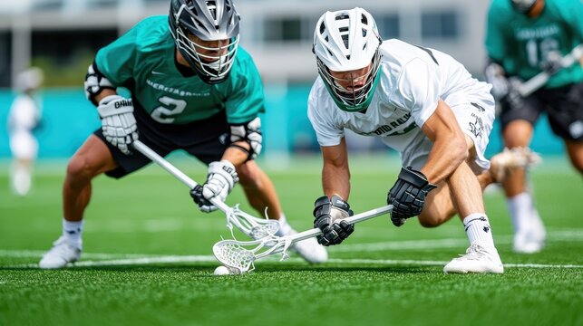 A vivid image capturing an intense faceoff during a lacrosse game, highlighting the commitment and focus of two players fighting for ball possession on the field.
