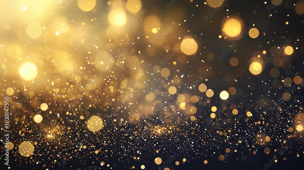 Poster Stunning golden bokeh background featuring shimmering lights and soft sparkles for festive and elegant themes.