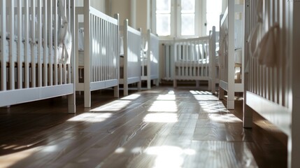 Obraz premium Sunlight streams through windows, casting gentle shadows on a row of cribs in a serene nursery, evoking a sense of calm and warmth.