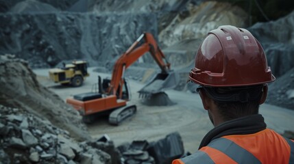 A construction site with mountains of gravel and an excavator in action, observed by a worker in an orange safety vest and helmet, showcasing industriousness.