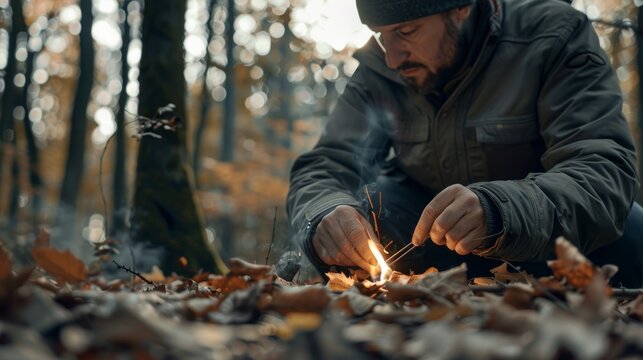 A man intently starts a fire in the woods, surrounded by fallen leaves, his determined expression emphasizing survival skills. - Powered by Adobe