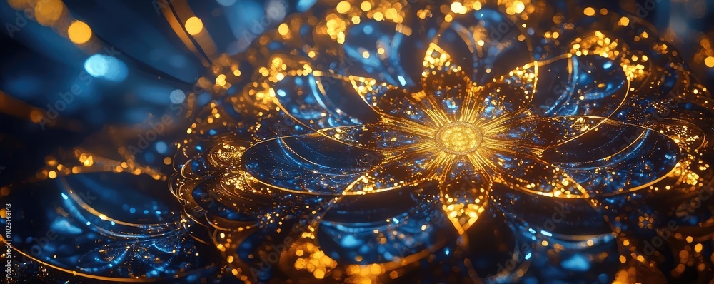 Poster a mesmerizing abstract pattern featuring intricate floral shapes with glowing elements in blue and g