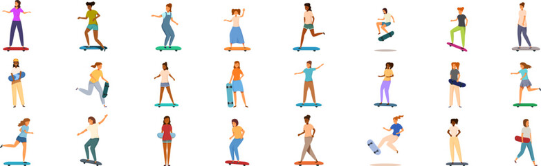 Girl skateboard icons set. Young people riding skateboards set, male and female characters skateboarding, performing tricks, having fun and enjoying outdoor activity vector illustration