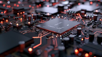 A close-up of a high-tech motherboard, gleaming with red LEDs, demonstrating the fusion of intricate design and advanced technology.