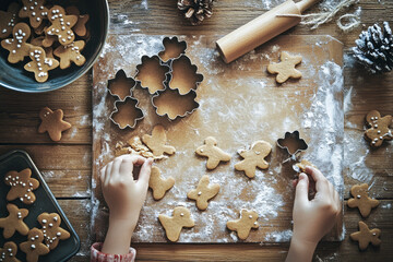 Child's hands making gingerbread cookies with cutters on a wooden table during holiday baking