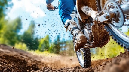 Fototapeta premium A thrilling shot of a motorbike in a competitive race, capturing the intense splash of dirt as it speeds through a rugged offroad track under a clear blue sky.