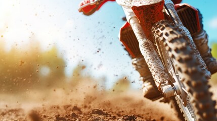 An action shot featuring a motocross bike surging forward, with dirt spraying up in all directions, set against a sunny outdoor backdrop.