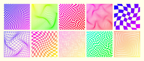 Groovy checkered pattern, neon distorted tiled grid. Vintage wavy curved backdrop, distortion effect. Funky geometric chessboard texture, retro background in 90s style, y2k. Vector illustration