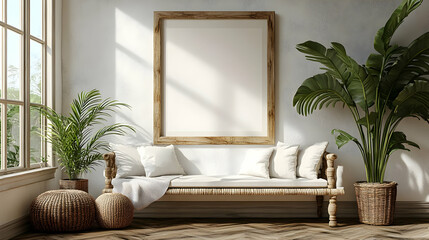 Cozy interior with a sofa, plants, and a blank frame.
