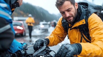 Fototapeta premium A man wearing a yellow rain jacket works on a motorcycle in wet weather, surrounded by blurred traffic and vehicles, symbolizing determination and resilience.