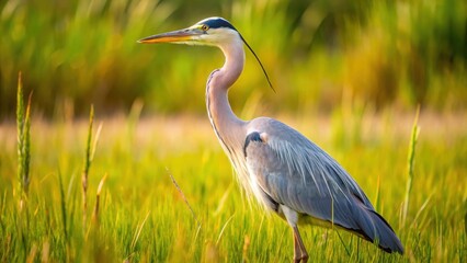 Fototapeta premium Close-up of elegant heron standing in a grassy field, heron, wildlife, bird, nature, close-up, animal, field