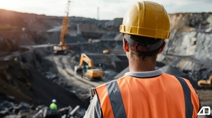 In a bustling quarry, a worker in orange safety gear supervises heavy machinery under the setting sun, symbolizing human perseverance in industrial landscapes.