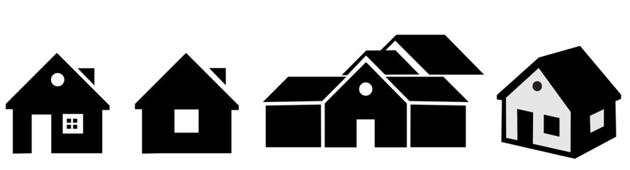 House icons set. Isolated outline house pictogram. Transparent estate symbol. Home sign in black. Real estate pictogram collection. Property illustration.