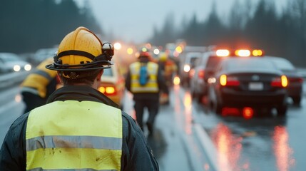 Rescue workers in high-visibility gear manage a highway accident scene in rainy weather, with emergency vehicles and traffic visible along the wet road.