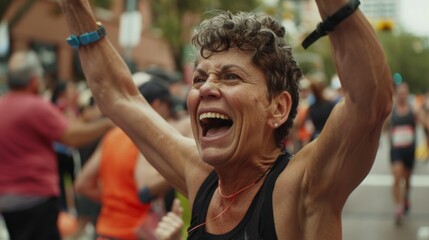 With an ecstatic expression, a woman celebrates in a marathon, her joyful face conveying triumph and unity amidst a crowd of animated runners.
