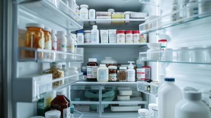 A well-stocked fridge brimming with various medicines, highlighting a sense of preparedness and medical care.