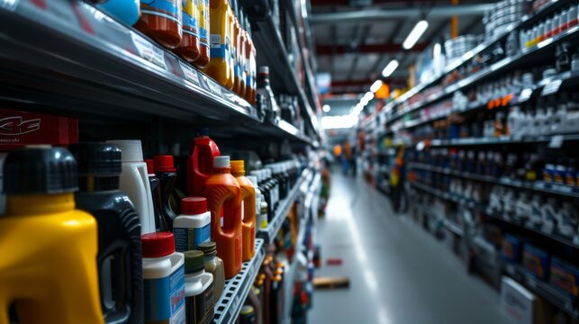 Rows of colorful motor oils line the shelves in a well-stocked automotive store.