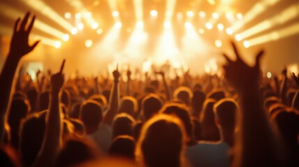 A packed concert with the crowd raising hands in unison under orange stage lights, conveying a sense of energy, unity, and the shared musical experience of the night.