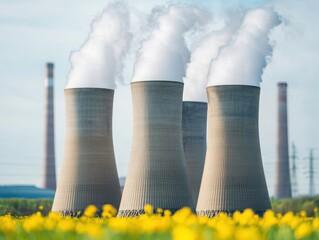 Cooling towers releasing steam into the atmosphere surrounded by yellow flowers, symbolizing energy and environment.
