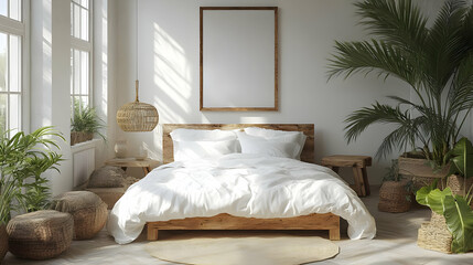 Cozy bedroom with natural decor and plants for relaxation.