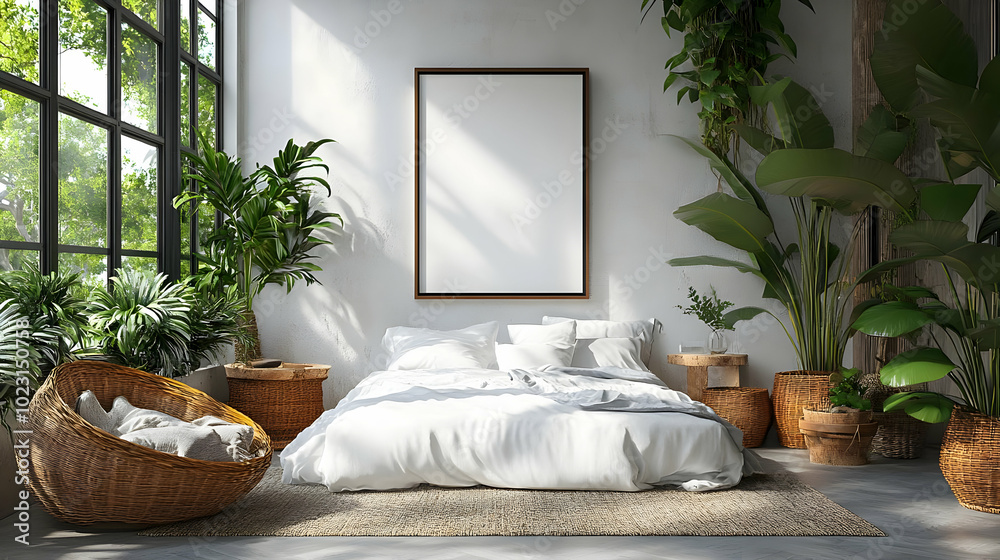 Sticker Bright, minimalist bedroom with plants and natural decor.