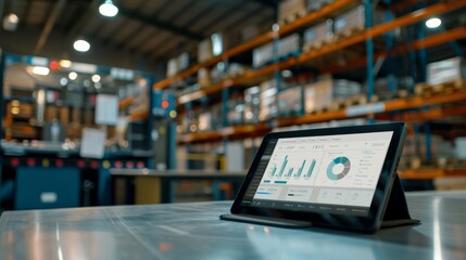 Fototapeta premium The warehouse environment features a tablet with business analytics, merging traditional storage with cutting-edge digital solutions.