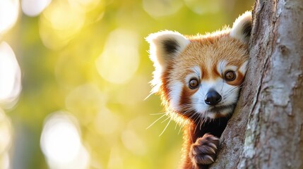 Naklejka premium With a curious expression, a red panda peers from behind a tree, adding an element of playfulness to the serene natural setting of lush greenery and soft light.