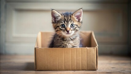 Homeless kitten sitting in a cardboard box , abandoned, stray, cute, pet, animal, adorable, furry, homeless, street, sad, alone